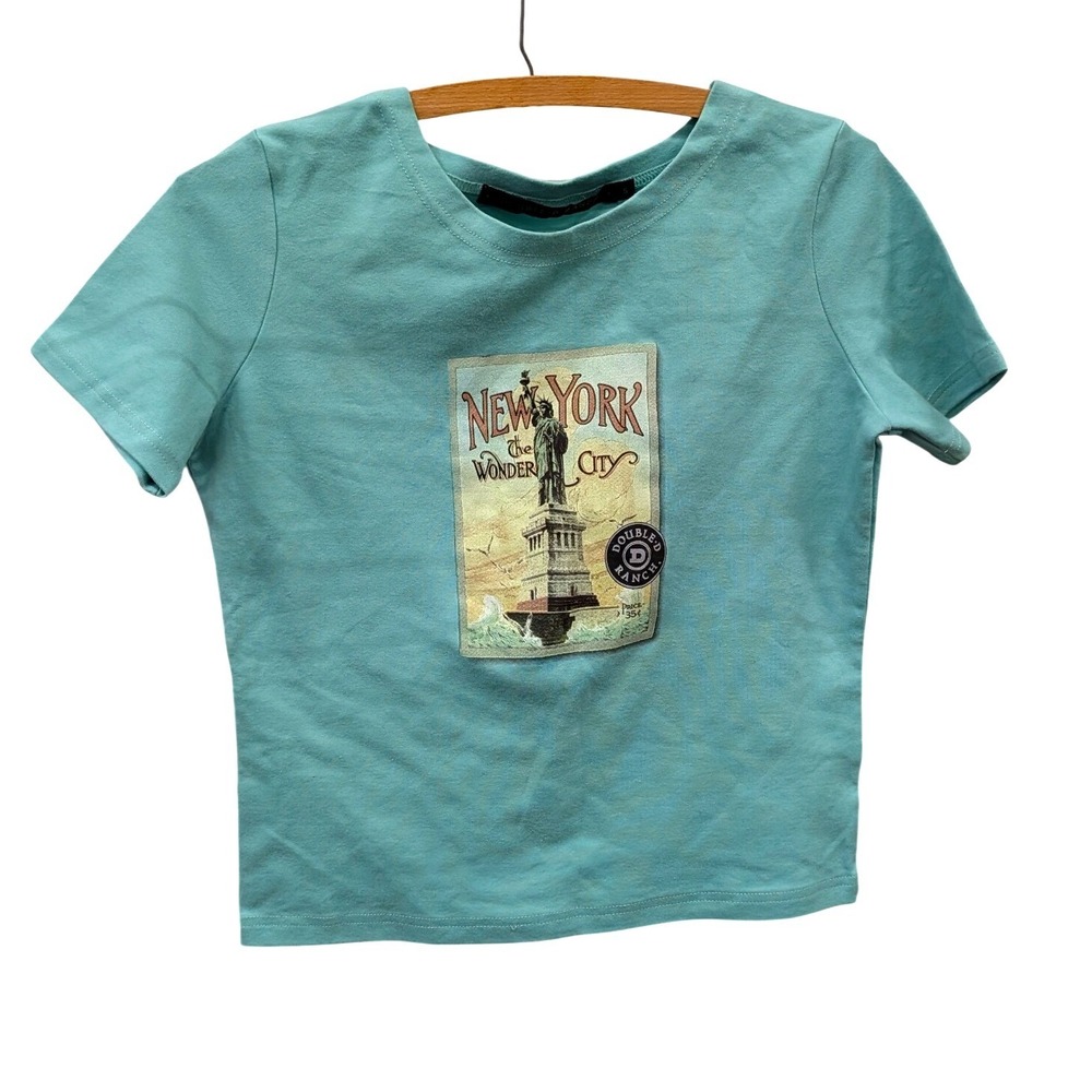 Double D Ranch New York Wonder City Graphic Tee Turquoise Cotton Stretch- Small